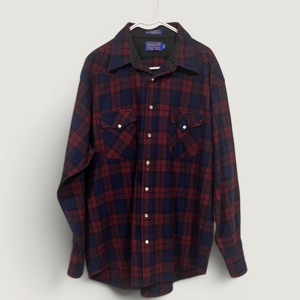 Pendleton Flannel Shirt Mens XLT Red Navy Plaid Wool Western Pearl Snap Long